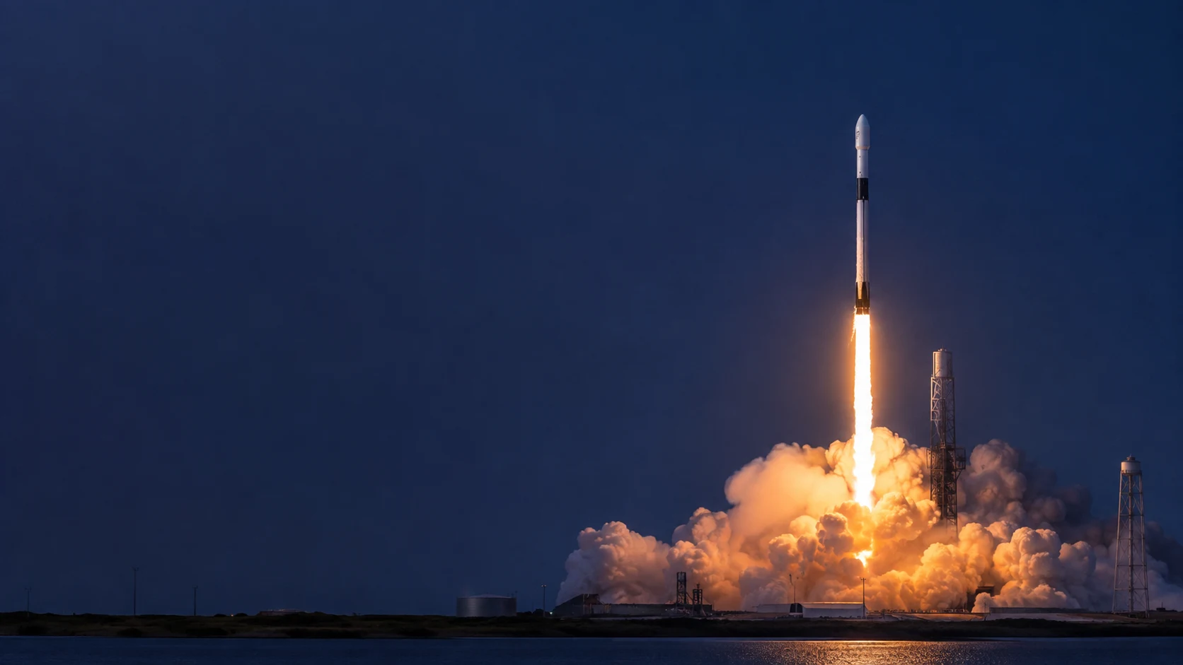 Ilustrace startu rakety Falcon 9 za soumraku